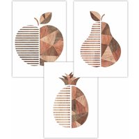 ARTZE Set of 3 Geometric Wood Grain Effect Fruit Art Posters in Walnut | Size: W59 cm x H84 cm