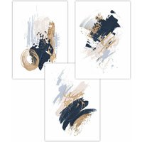 ARTZE Set of 3 Abstract Navy Blue Ivory & Gold Oil Strokes Art Posters | Size: W30 cm x H42 cm