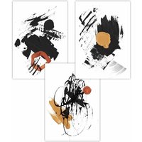 ARTZE Set of 3 Abstract Black, Yellow, Orange Oil Strokes Art Posters in Black | Size: W30 cm x H42 cm