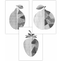 ARTZE Set of 3 Geometric Grey Wood Grain Effect Fruit Art Posters | Size: W59 cm x H84 cm