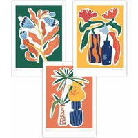ARTZE Set of 3 Artisan Flower Market in Green, Yellow & Orange Art Posters in Green | Size: W30 cm x H42 cm