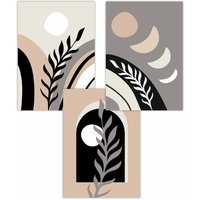 ARTZE Set of 3 Boho Abstract Botanical in Black Beige & Grey Art Posters | Size: W42 cm x H59 cm