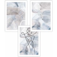 ARTZE Set of 3 Abstract Fashion Line Art in Blue & Beige Art Posters in Mid Blue | Size: W59 cm x H84 cm