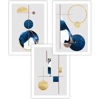 ARTZE Set of 3 Abstract Textured Geometric Art in Navy Blue & Gold Art Posters | Size: W50 cm x H70 cm