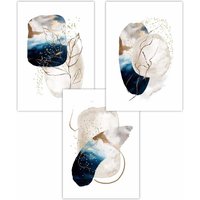 ARTZE Set of 3 Abstract Textured Navy Blue, Ivory & Gold Art Posters | Size: W42 cm x H59 cm