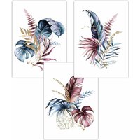 ARTZE Set of 3 Blue Pink & Gold Botanical Leaves Art Posters in Navy | Size: W42 cm x H59 cm
