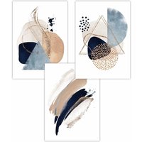 ARTZE Set of 3 Abstract Blue Beige Watercolour Shapes Art Posters in Mid Blue | Size: W59 cm x H84 cm