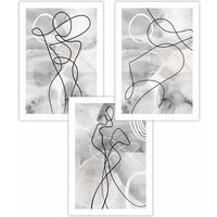 ARTZE Set of 3 Abstract Fashion Line Art in Grey & White Art Posters in Light Grey | Size: W42 cm x H59 cm
