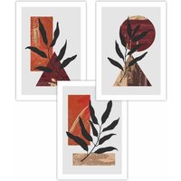 ARTZE Set of 3 Abstract Textured Geometric Art in Red Orange & Gold Art Posters | Size: W42 cm x H59 cm