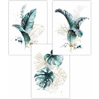 ARTZE Set of 3 Teal Blue & Gold Botanical Leaves Art Posters | Size: W42 cm x H59 cm
