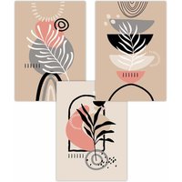 ARTZE Set of 3 Boho Abstract Floral in Pink Black Beige & Grey Art Posters | Size: W50 cm x H70 cm