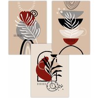 ARTZE Set of 3 Boho Abstract Floral in Black Beige Red & Grey Art Posters | Size: W30 cm x H42 cm