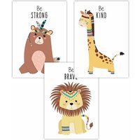 ARTZE Set of 3 Nursery Tribal Lion, Bear, Giraffe Quote Prints Art Posters in Yellow | Size: W30 cm x H42 cm