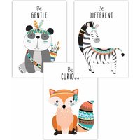 ARTZE Men's Set of 3 Nursery Tribal Panda, Fox, Zebra Quote Art Posters in Orange | Size: W59 cm x H84 cm