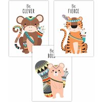 ARTZE Men's Set of 3 Nursery Tribal Monkey, Tiger, Squirrel Quote Art Posters in Orange | Size: W30 cm x H42 cm