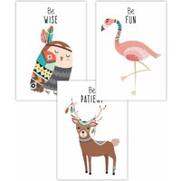 ARTZE Women's Set of 3 Nursery Tribal Owl, Flamingo, Deer Quote Art Posters in Pink | Size: W30 cm x H42 cm