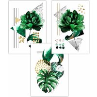 ARTZE Set of 3 Abstract Green Gold Botanical Art Posters in Bright Green | Size: W50 cm x H70 cm