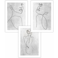 ARTZE Set of 3 Grey Abstract Line Art Female Art Posters in Light Grey | Size: W59 cm x H84 cm