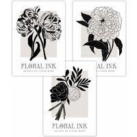 ARTZE Set of 3 Floral Sketch Ink Garden Flowers in Black Art Posters | Size: W59 cm x H84 cm