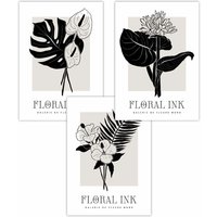 ARTZE Set of 3 Floral Sketch Ink Botanical Leaves in Black Art Posters | Size: W50 cm x H70 cm