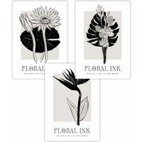 ARTZE Set of 3 Floral Sketch Ink Tropical Leaves in Black Art Posters | Size: W50 cm x H70 cm