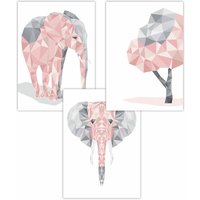 ARTZE Set of 3 Geometric Pink Grey Elephant Set Art Posters in Light Pink | Size: W59 cm x H84 cm