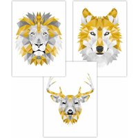 ARTZE Set of 3 Geometric Yellow Grey Animal Heads Art Posters | Size: W50 cm x H70 cm