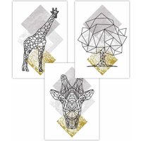 ARTZE Set of 3 Geometric Line Art Yellow Giraffe Art Posters | Size: W50 cm x H70 cm