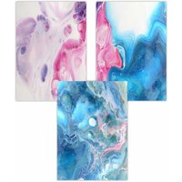 ARTZE Set of 3 Abstract Fluid Marble in Blue & Pink Art Posters | Size: W50 cm x H70 cm