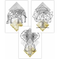 ARTZE Set of 3 Geometric Line Art Yellow Elephant Art Posters | Size: W42 cm x H59 cm