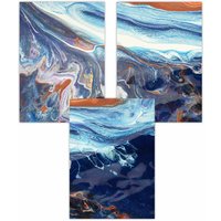 ARTZE Set of 3 Abstract Blue & Orange Ocean Art Posters in Navy | Size: W59 cm x H84 cm