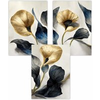 ARTZE Set of 3 Abstract Lillies in Navy & Gold Art Posters | Size: W50 cm x H70 cm