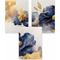 ARTZE Set of 3 Abstract Flowers in Purple & Gold Art Posters | Size: W42 cm x H59 cm