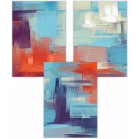 ARTZE Set of 3 Geometric Abstract Sunset Plaza In Purple, Blue & Orange Art Posters in Purple | Size: W42 cm x H59 cm