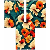ARTZE Set of 3 Abstract Stylized Flowers in Teal & Orange Art Posters | Size: W30 cm x H42 cm
