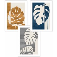 ARTZE Set of 3 Mid Century Monstera in Orange & Blue Art Posters in Navy | Size: W42 cm x H59 cm