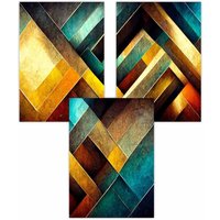ARTZE Set of 3 Abstract Multi Yellow Blue Distressed Mosaic Art Posters | Size: W30 cm x H42 cm