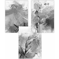 ARTZE Set of 3 Abstract Black & Grey Mixed Media Fractal Art Posters in Dark Grey | Size: W30 cm x H42 cm
