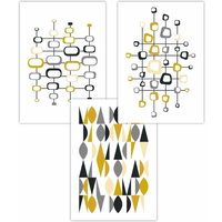 ARTZE Set of 3 Mid Century Graphical Yellow Grey Art Posters | Size: W50 cm x H70 cm