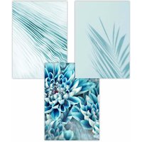 ARTZE Set of 3 Abstract Aqua Blue Macro Floral Art Posters | Size: W30 cm x H42 cm