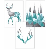 ARTZE Set of 3 Geometric Aqua Blue Grey Stags Set Art Posters | Size: W50 cm x H70 cm