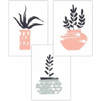ARTZE Set of 3 Scandi Pink Green Cactus Pots Art Posters | Size: W30 cm x H42 cm