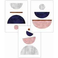 ARTZE Set of 3 Navy, Pink & Grey Abstract Mid Century Geometric Art Posters in Navy | Size: W50 cm x H70 cm