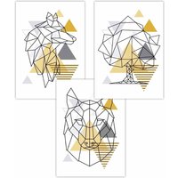 ARTZE Set of 3 Geometric Line Art Yellow Wolf Art Posters | Size: W30 cm x H42 cm