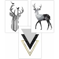 ARTZE Set of 3 Graphical Geometric Black Grey Stag Set Art Posters | Size: W30 cm x H42 cm
