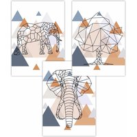 ARTZE Set of 3 Geometric Line Art Multi Blue Orange Elephant Art Posters | Size: W30 cm x H42 cm