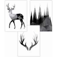 ARTZE Set of 3 Geometric Black Grey Stags Set Art Posters | Size: W42 cm x H59 cm