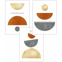 ARTZE Set of 3 Orange, Gold & Grey Abstract Mid Century Geometric Art Posters in Burnt Orange | Size: W50 cm x H70 cm