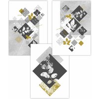 ARTZE Set of 3 Graphical Abstract Floral Yellow Grey Art Posters | Size: W30 cm x H42 cm