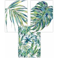 ARTZE Set of 3 Tropical Plants & Pattern Green Blue Abstract Art Posters | Size: W50 cm x H70 cm
